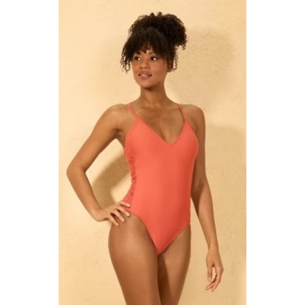 Shade‎ & Shore XS Crochet Trim Swimsuit Orange V Neck High Cut Criss Cross Back